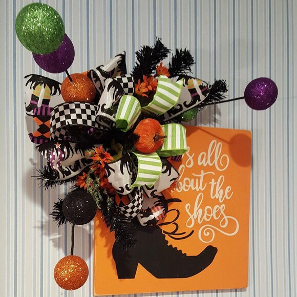 It's All About The Shoes Witch Boot Wall Hanging Decor, Halloween Sign w Ribbon - Picture 1 of 9